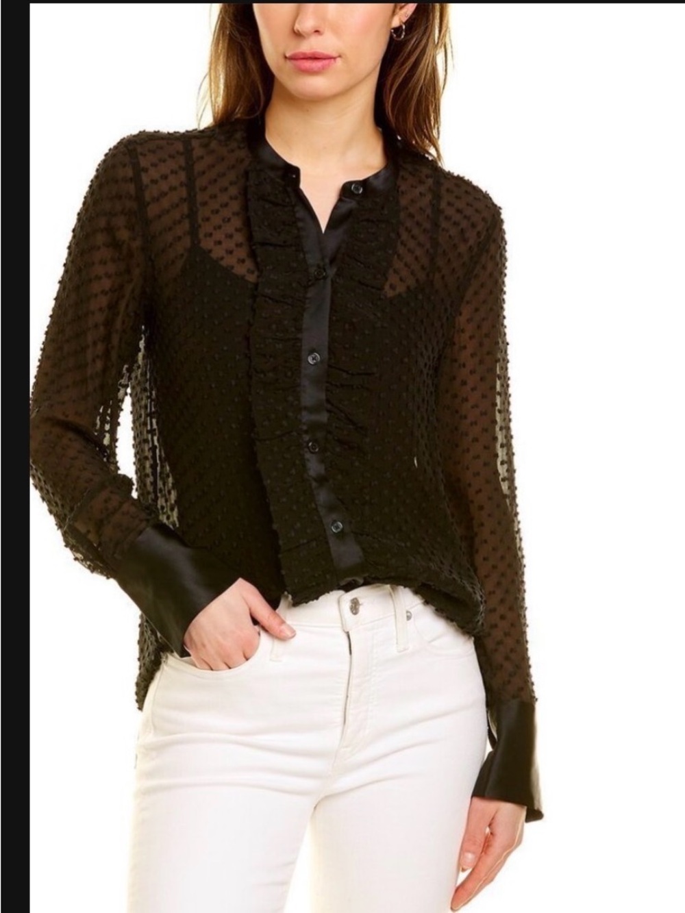 Equipment Black Sheer Swiss Dot Ruffle Blouse
